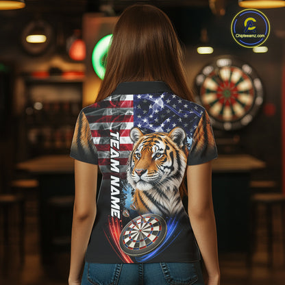 Smoke American Flag Tiger Darts Polo, 1/4 Zip Shirts For Women Custom Patriotic Darts Team Jersey TDM7609