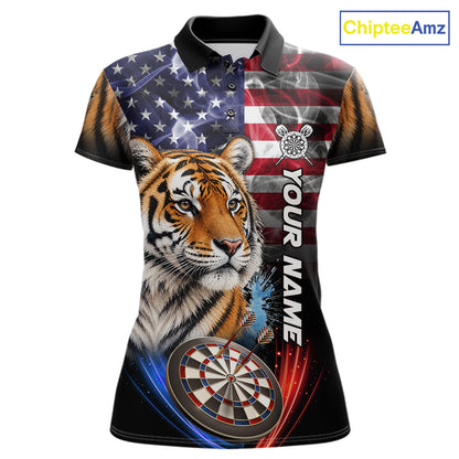 Smoke American Flag Tiger Darts Polo, 1/4 Zip Shirts For Women Custom Patriotic Darts Team Jersey TDM7609
