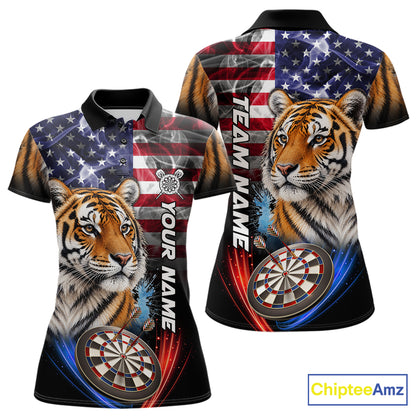 Smoke American Flag Tiger Darts Polo, 1/4 Zip Shirts For Women Custom Patriotic Darts Team Jersey TDM7609