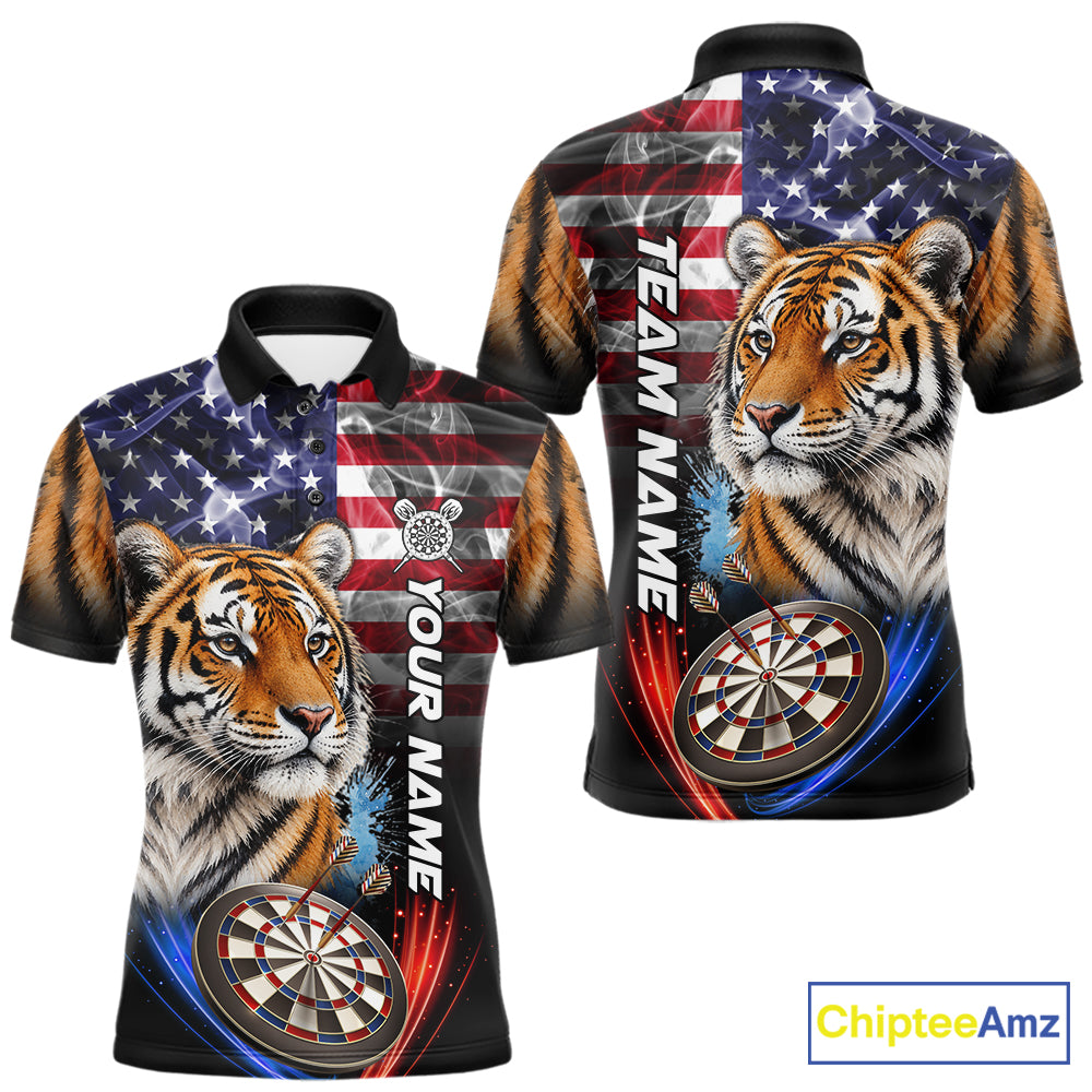 Smoke American Flag Tiger Darts Polo, 1/4 Zip Shirts For Men Custom Patriotic Darts Team Jersey TDM7609