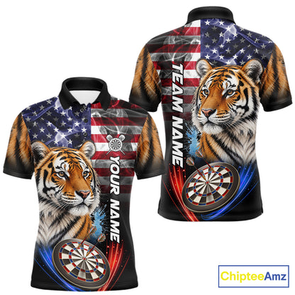 Smoke American Flag Tiger Darts Polo, 1/4 Zip Shirts For Men Custom Patriotic Darts Team Jersey TDM7609