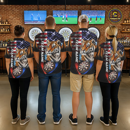 Smoke American Flag Tiger Darts Polo, 1/4 Zip Shirts For Men Custom Patriotic Darts Team Jersey TDM7609