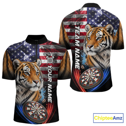 Smoke American Flag Tiger Darts Polo, 1/4 Zip Shirts For Men Custom Patriotic Darts Team Jersey TDM7609