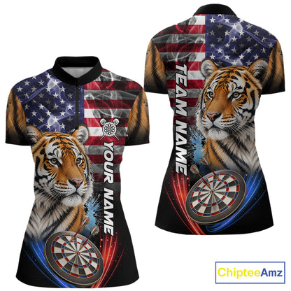 Smoke American Flag Tiger Darts Polo, 1/4 Zip Shirts For Women Custom Patriotic Darts Team Jersey TDM7609