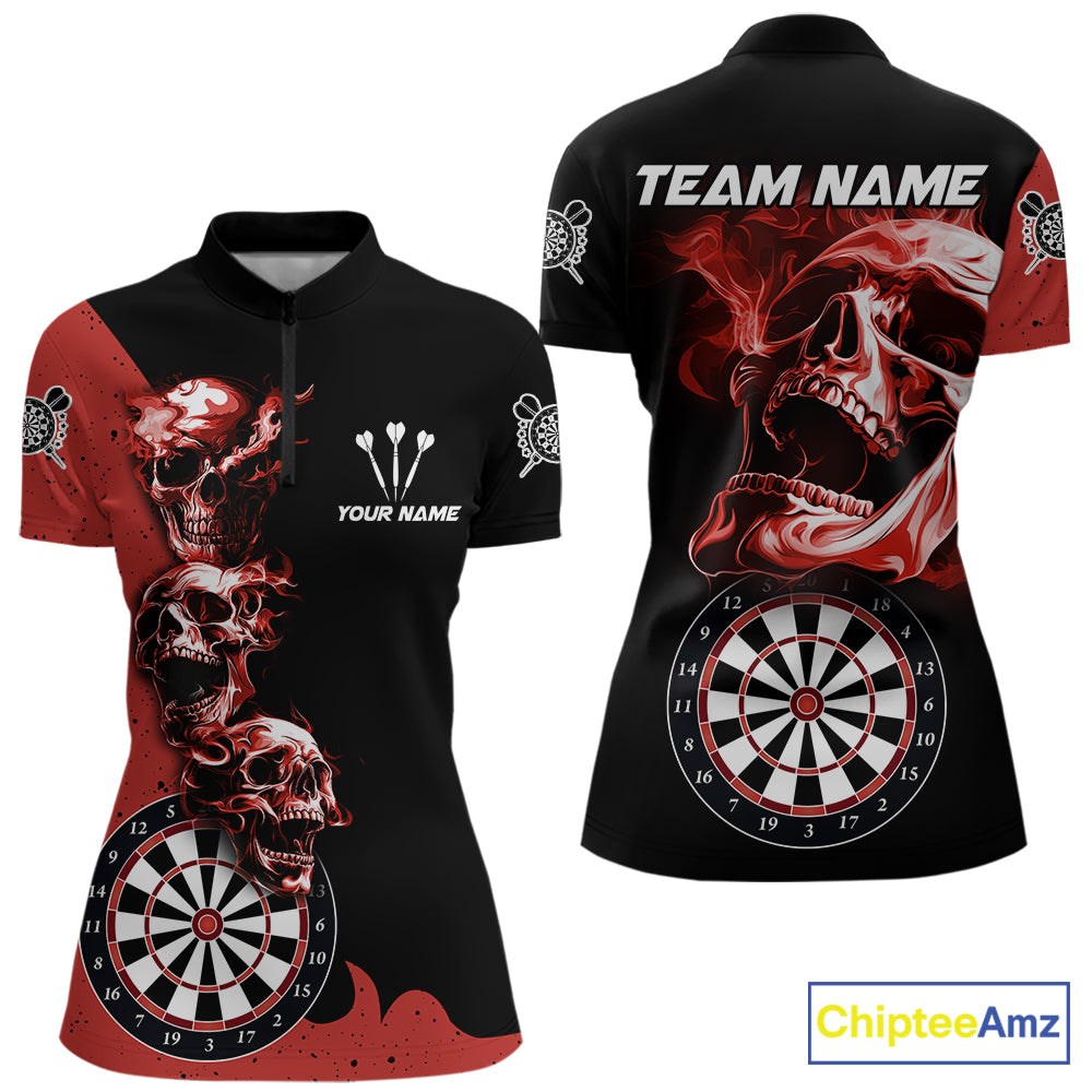 Personalized Smoke Skull Darts Shirts For Women Custom Black And Red Darts League Team Jerseys TDM7613