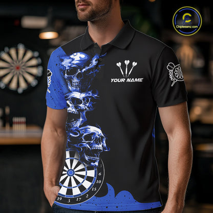 Personalized Smoke Skull Darts Shirts For Men Custom Black And Blue Darts League Team Jerseys TDM7614