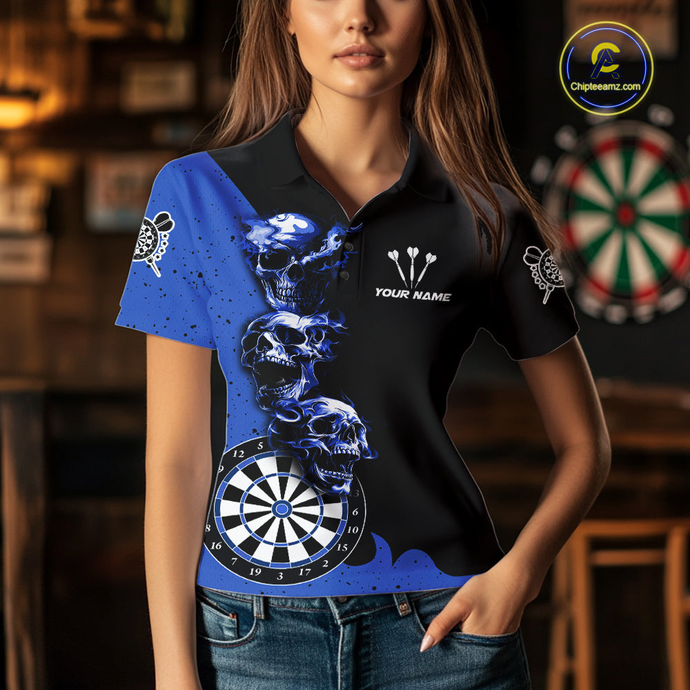 Personalized Smoke Skull Darts Shirts For Women Custom Black And Blue Darts League Team Jerseys TDM7614