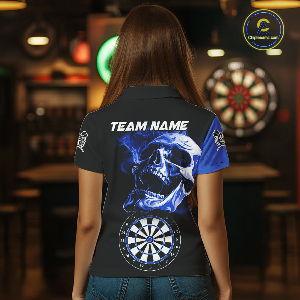 Personalized Smoke Skull Darts Shirts For Women Custom Black And Blue Darts League Team Jerseys TDM7614