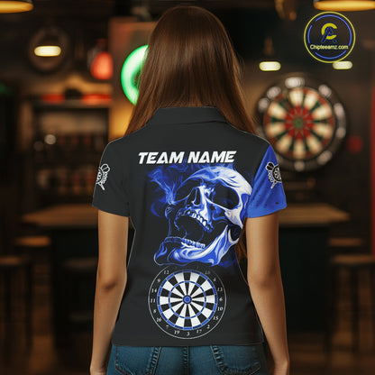 Personalized Smoke Skull Darts Shirts For Women Custom Black And Blue Darts League Team Jerseys TDM7614