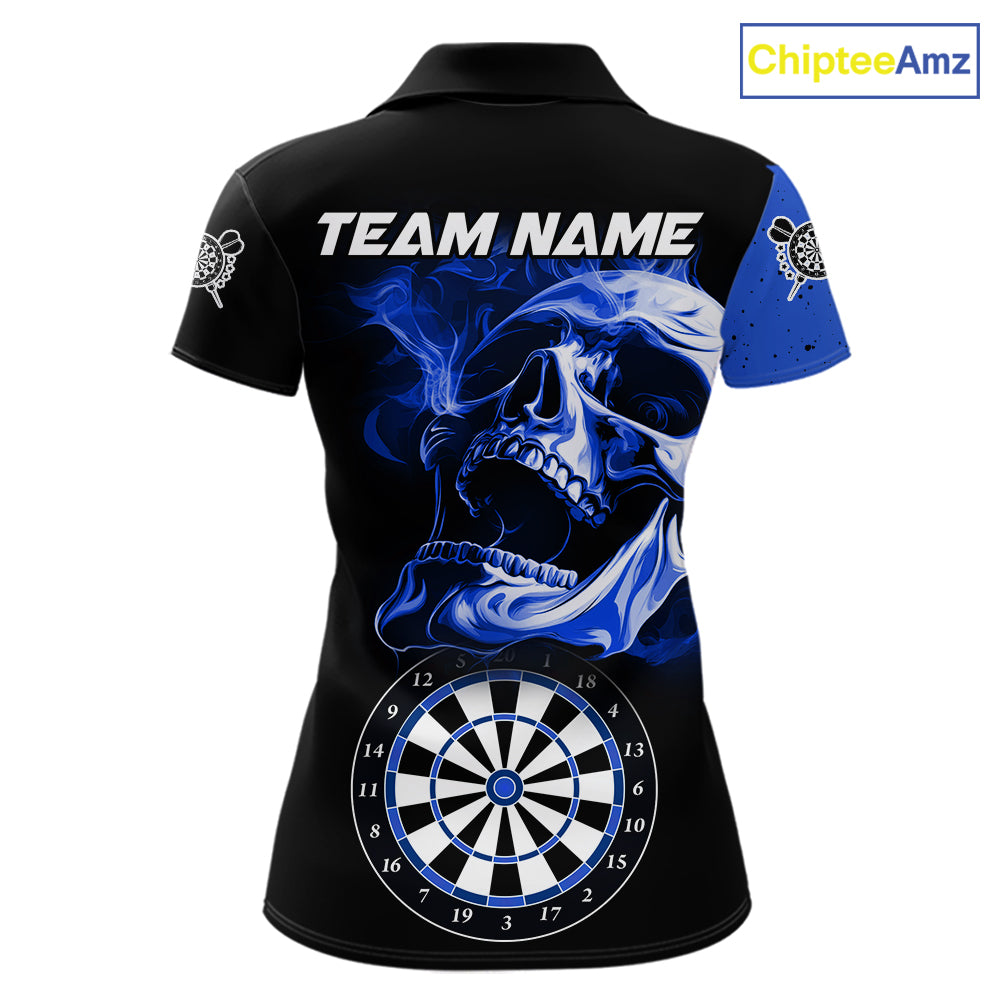 Personalized Smoke Skull Darts Shirts For Women Custom Black And Blue Darts League Team Jerseys TDM7614
