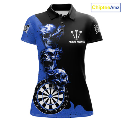 Personalized Smoke Skull Darts Shirts For Women Custom Black And Blue Darts League Team Jerseys TDM7614