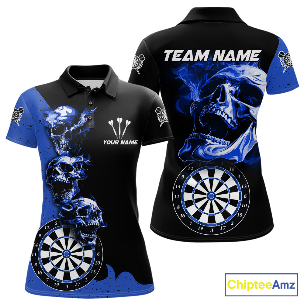 Personalized Smoke Skull Darts Shirts For Women Custom Black And Blue Darts League Team Jerseys TDM7614