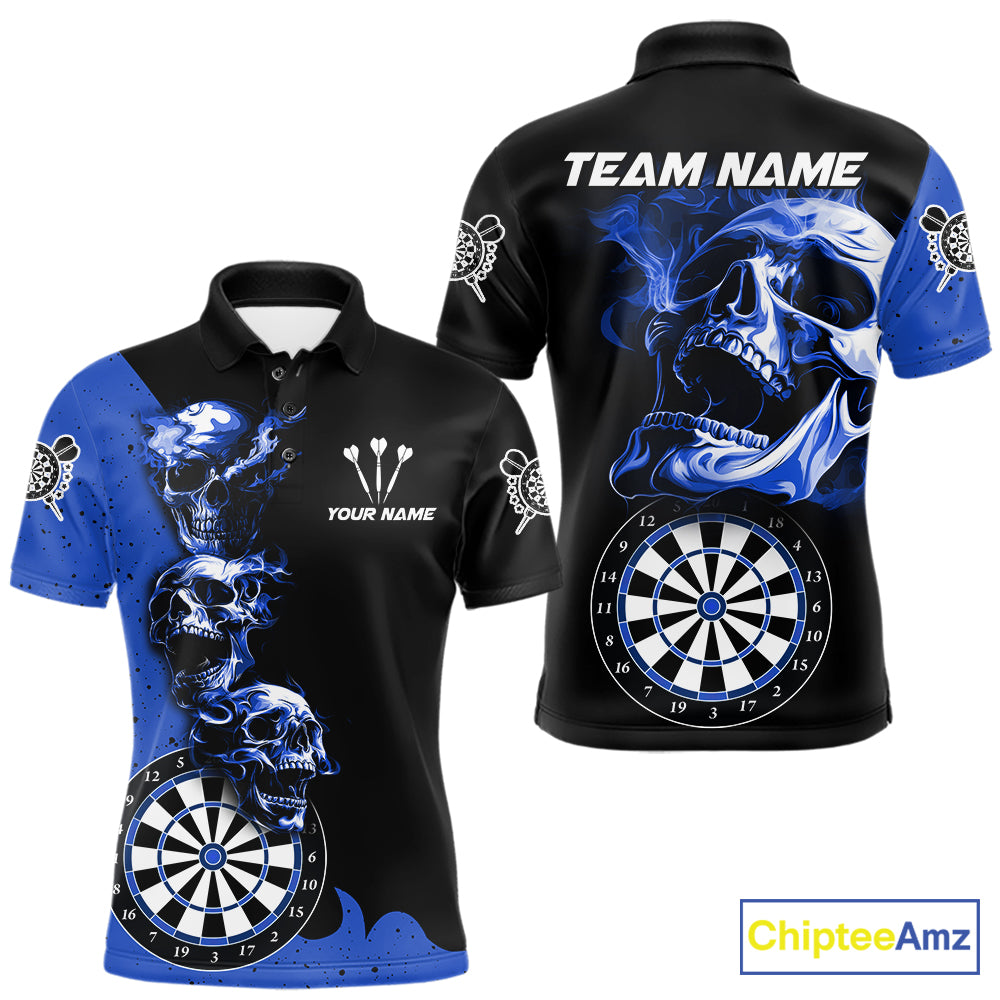 Personalized Smoke Skull Darts Shirts For Men Custom Black And Blue Darts League Team Jerseys TDM7614
