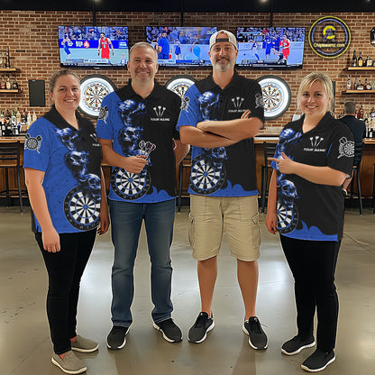 Personalized Smoke Skull Darts Shirts For Men Custom Black And Blue Darts League Team Jerseys TDM7614