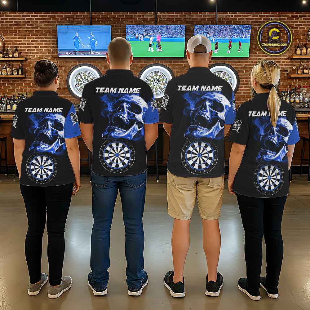Personalized Smoke Skull Darts Shirts For Men Custom Black And Blue Darts League Team Jerseys TDM7614