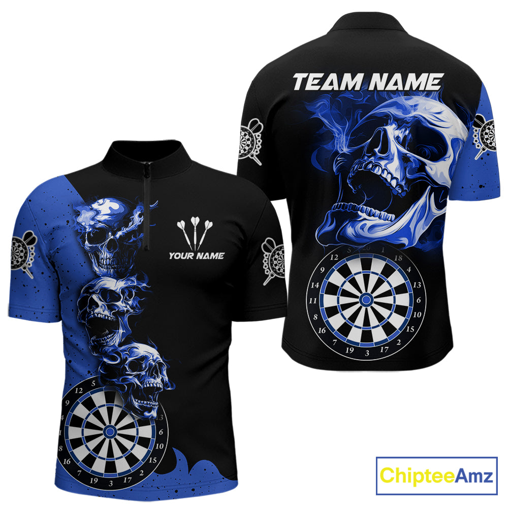 Personalized Smoke Skull Darts Shirts For Men Custom Black And Blue Darts League Team Jerseys TDM7614