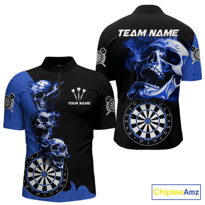 Personalized Smoke Skull Darts Shirts For Men Custom Black And Blue Darts League Team Jerseys TDM7614