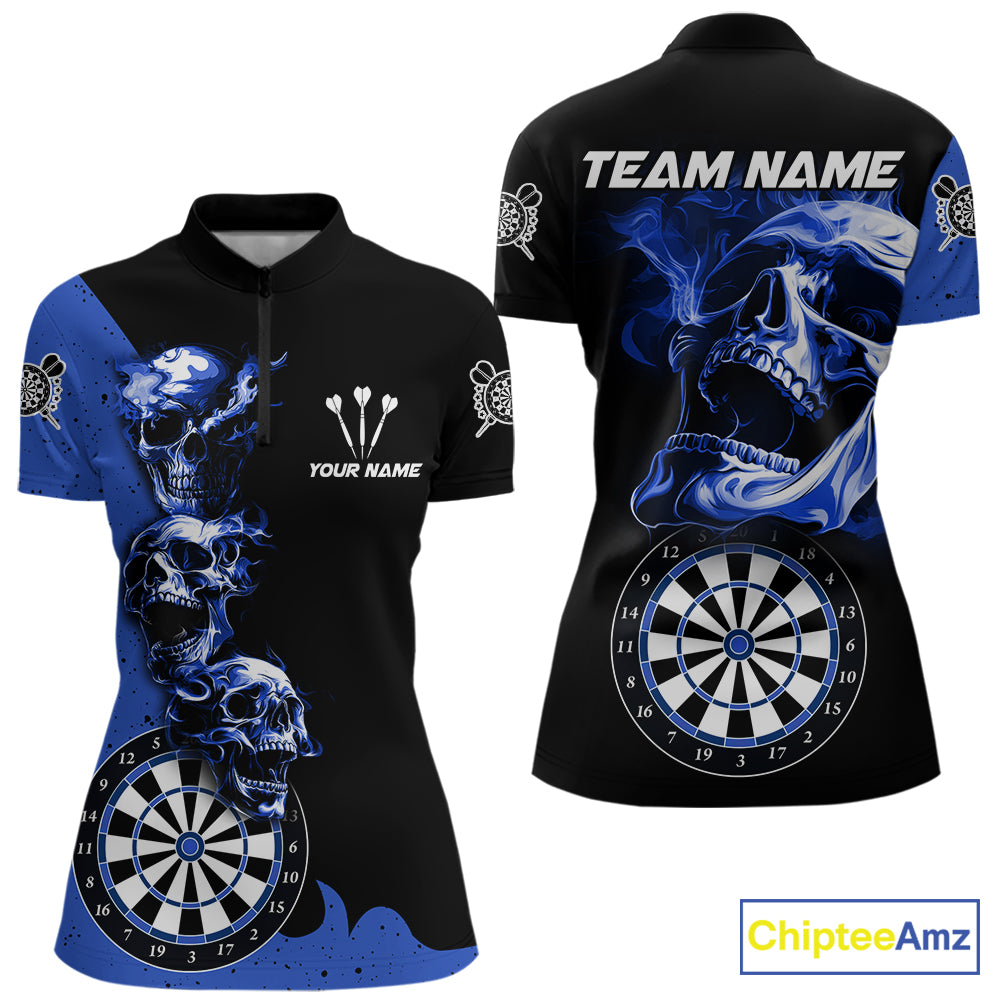 Personalized Smoke Skull Darts Shirts For Women Custom Black And Blue Darts League Team Jerseys TDM7614