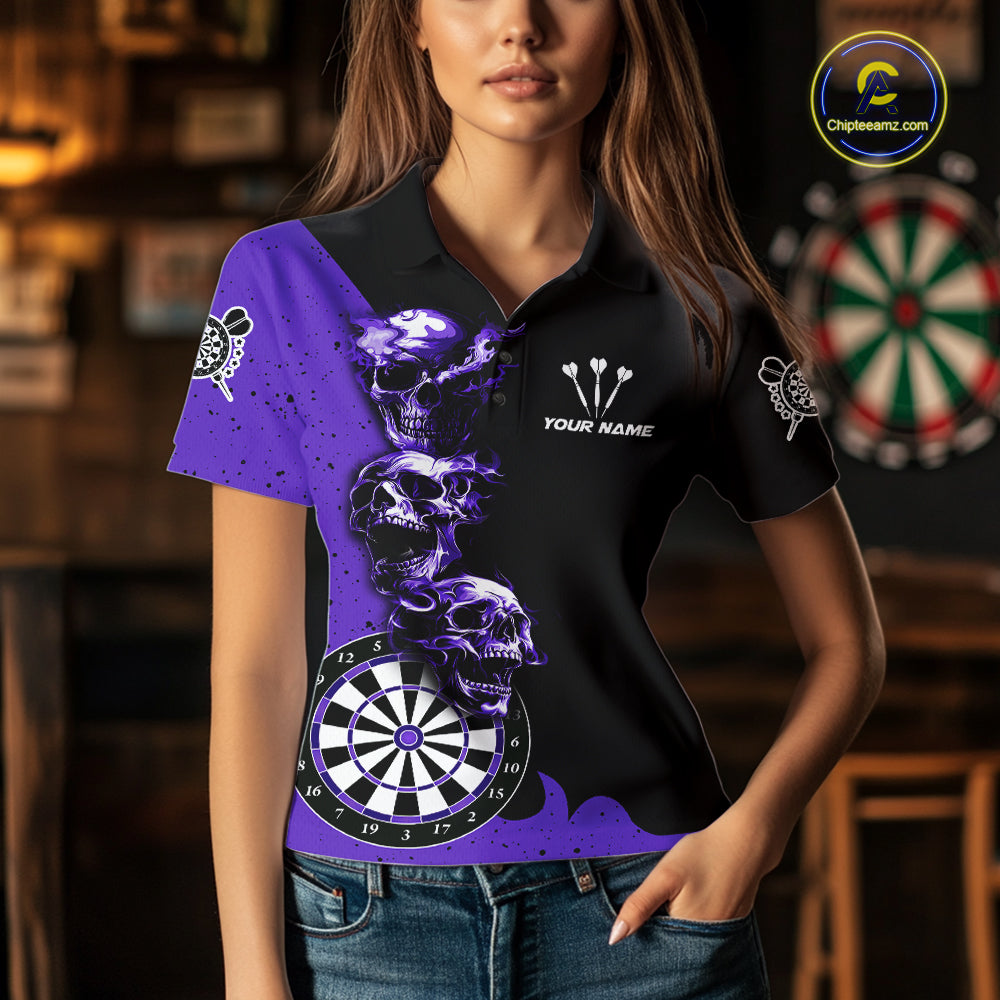 Personalized Smoke Skull Darts Shirts For Women Custom Black And Purple Darts League Team Jerseys TDM7615