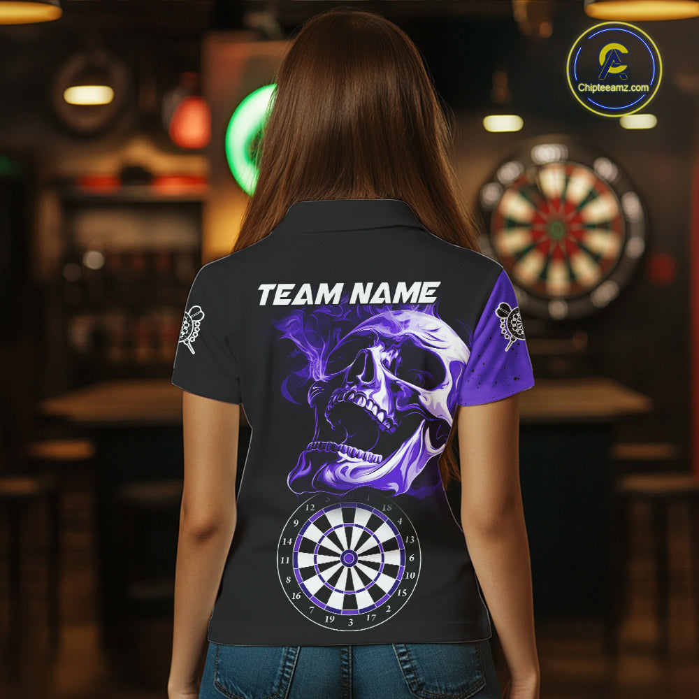 Personalized Smoke Skull Darts Shirts For Women Custom Black And Purple Darts League Team Jerseys TDM7615