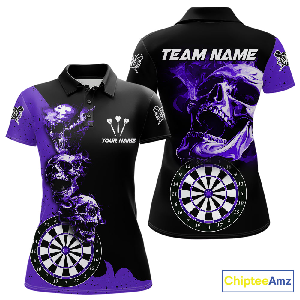 Personalized Smoke Skull Darts Shirts For Women Custom Black And Purple Darts League Team Jerseys TDM7615