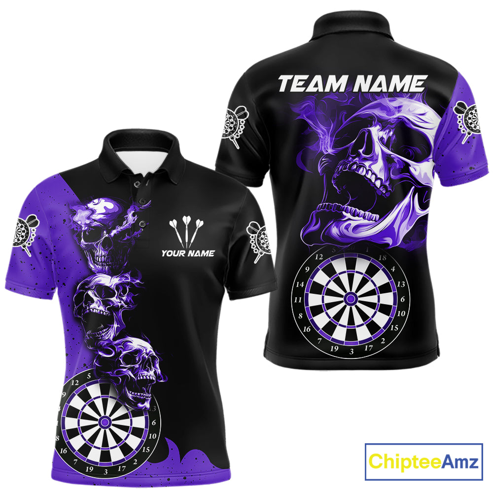 Personalized Smoke Skull Darts Shirts For Men Custom Black And Purple Darts League Team Jerseys TDM7615