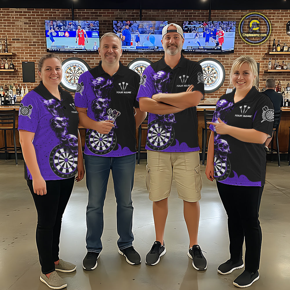 Personalized Smoke Skull Darts Shirts For Men Custom Black And Purple Darts League Team Jerseys TDM7615