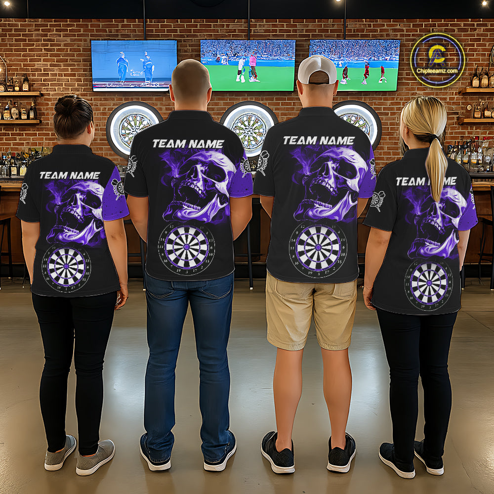 Personalized Smoke Skull Darts Shirts For Men Custom Black And Purple Darts League Team Jerseys TDM7615