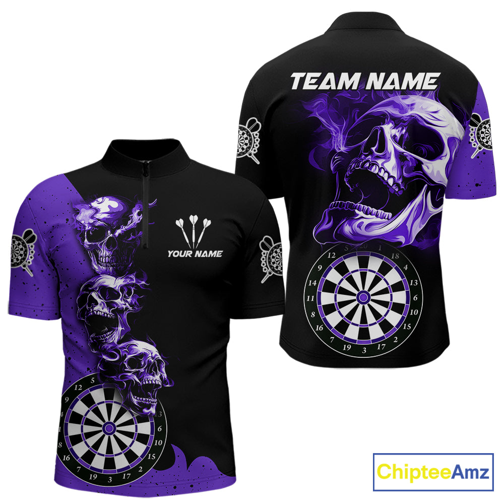 Personalized Smoke Skull Darts Shirts For Men Custom Black And Purple Darts League Team Jerseys TDM7615