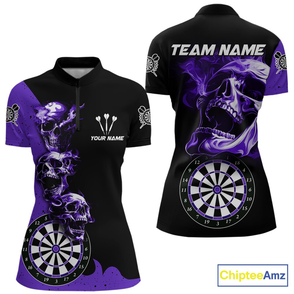 Personalized Smoke Skull Darts Shirts For Women Custom Black And Purple Darts League Team Jerseys TDM7615
