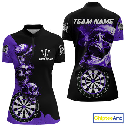 Personalized Smoke Skull Darts Shirts For Women Custom Black And Purple Darts League Team Jerseys TDM7615