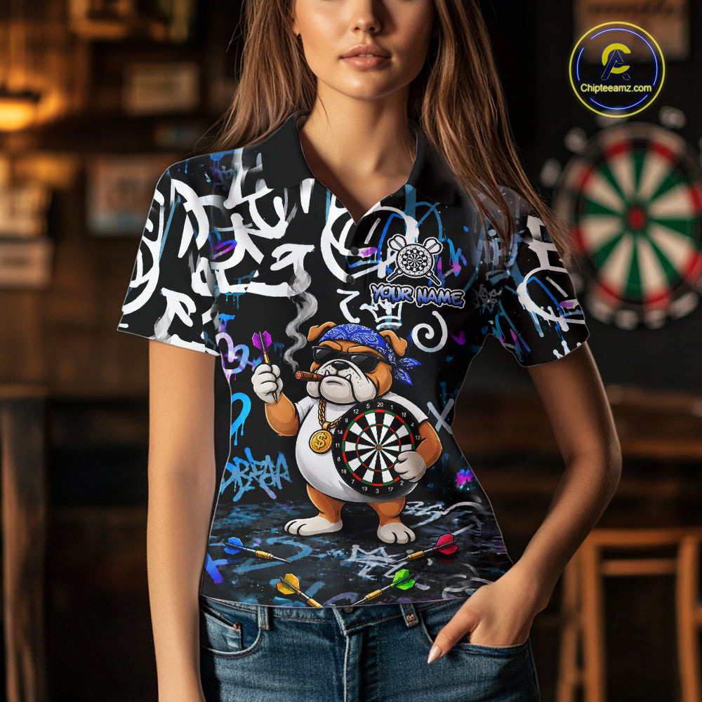 Colorful Graffiti Funny Bulldog Darts Shirts For Women Custom Darts Team Jersey Polo & Quarter Zip TDM7620