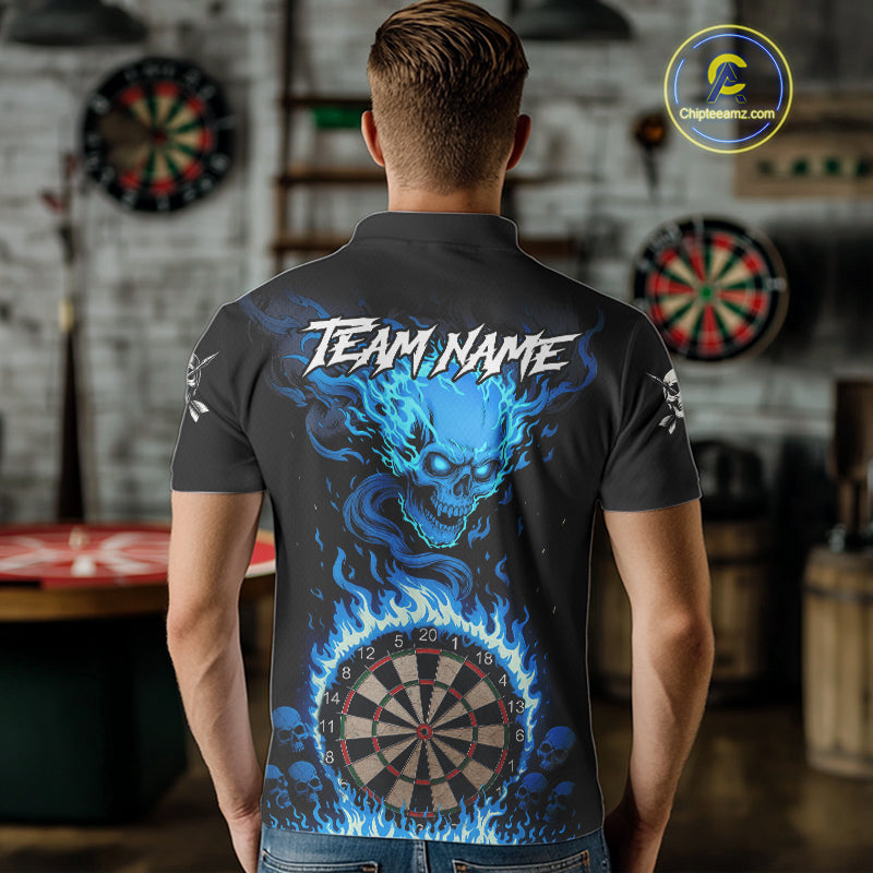 Blue Flaming Skull Darts Shirt For Men Custom Darts Jersey Team Polo & Quarter Zip TDM5054