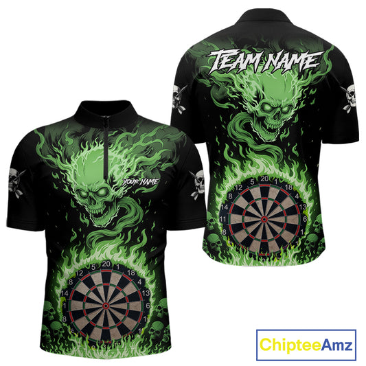 Green Flaming Skull Darts Shirt For Men Custom Darts Jersey Team Polo & Quarter Zip TDM5055
