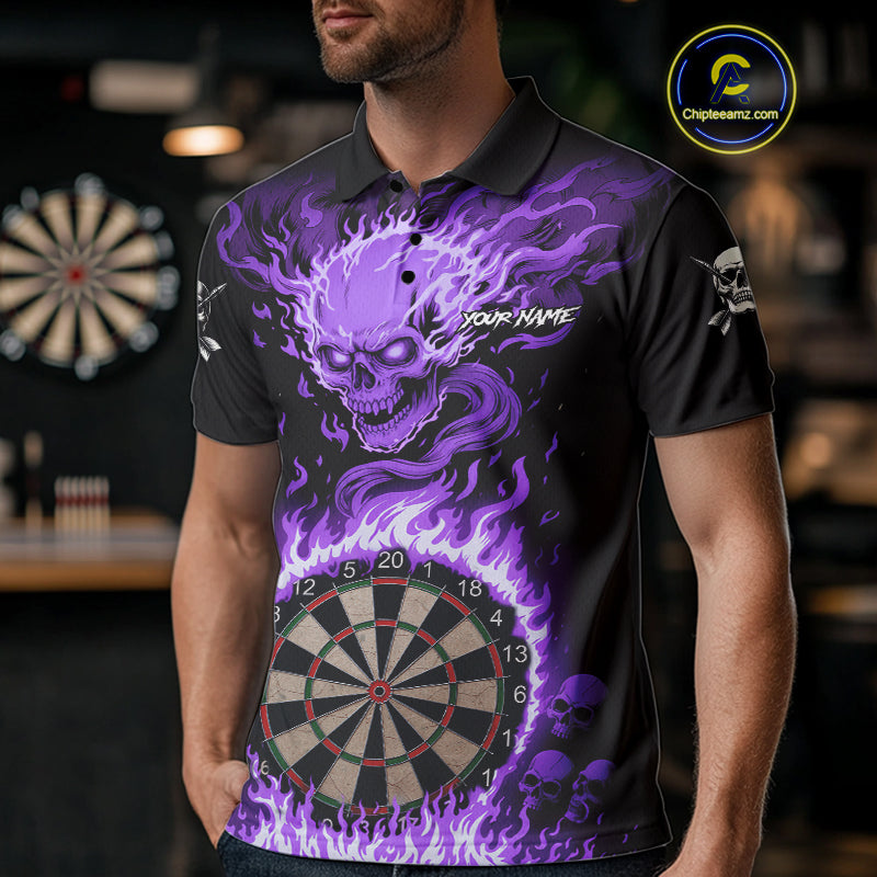 Purple Flaming Skull Darts Shirt For Men Custom Darts Jersey Team Polo & Quarter Zip TDM5056
