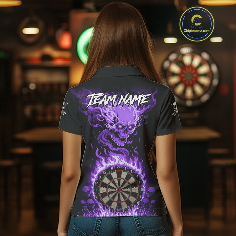 Purple Flaming Skull Darts Shirt For Women Custom Darts Jersey Team Polo & Quarter Zip TDM5056