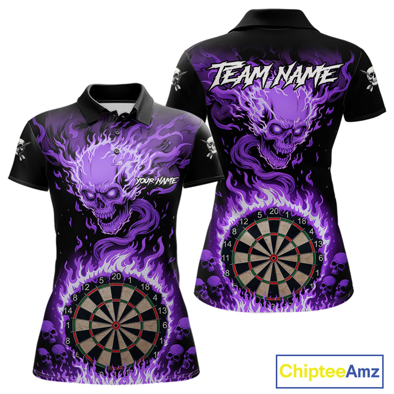 Purple Flaming Skull Darts Shirt For Women Custom Darts Jersey Team Polo & Quarter Zip TDM5056