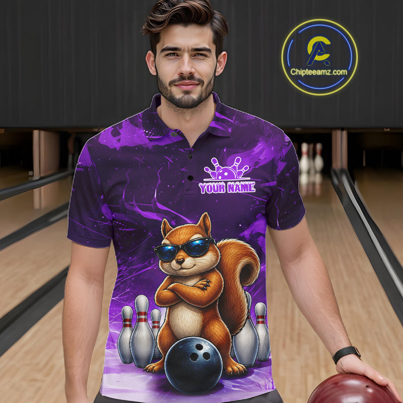 Personalized Purple Funny Squirrel Bowling Shirt For Men Custom Bowling Team Jersey Polo & 1/4 Zip TDM7951