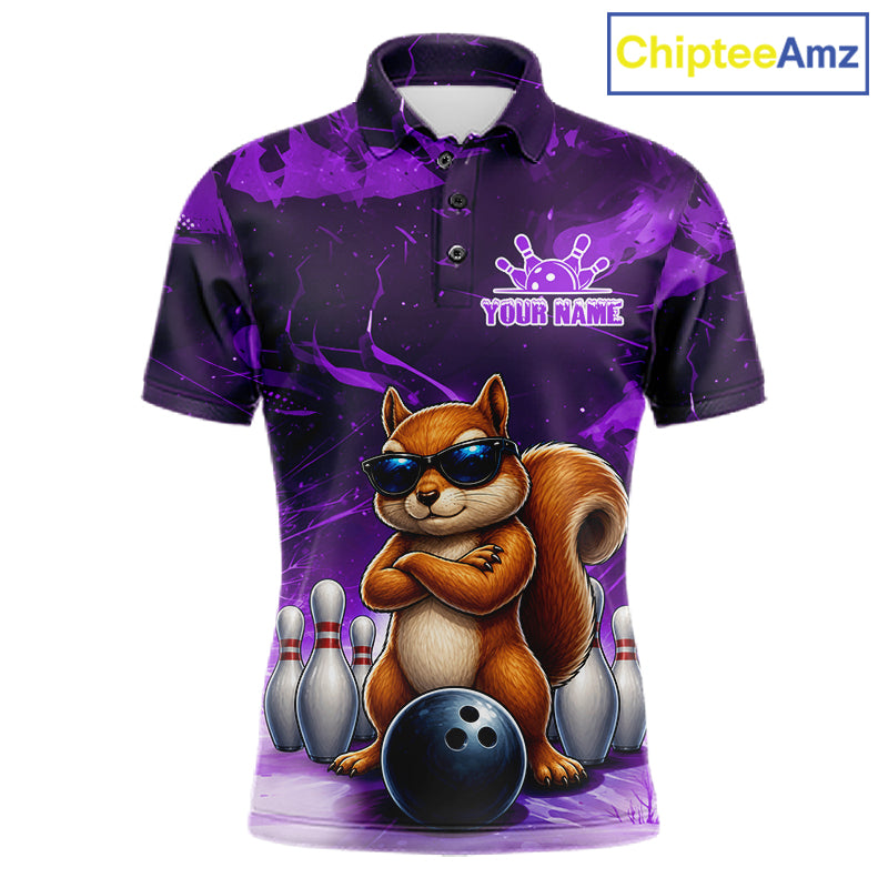 Personalized Purple Funny Squirrel Bowling Shirt For Men Custom Bowling Team Jersey Polo & 1/4 Zip TDM7951