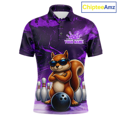 Personalized Purple Funny Squirrel Bowling Shirt For Men Custom Bowling Team Jersey Polo & 1/4 Zip TDM7951