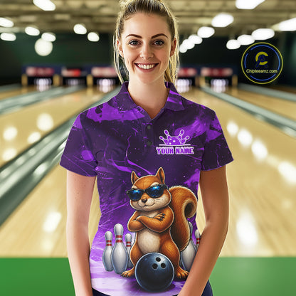 Personalized Purple Funny Squirrel Bowling Shirt For Women Custom Bowling Team Jersey Polo & 1/4 Zip TDM7951