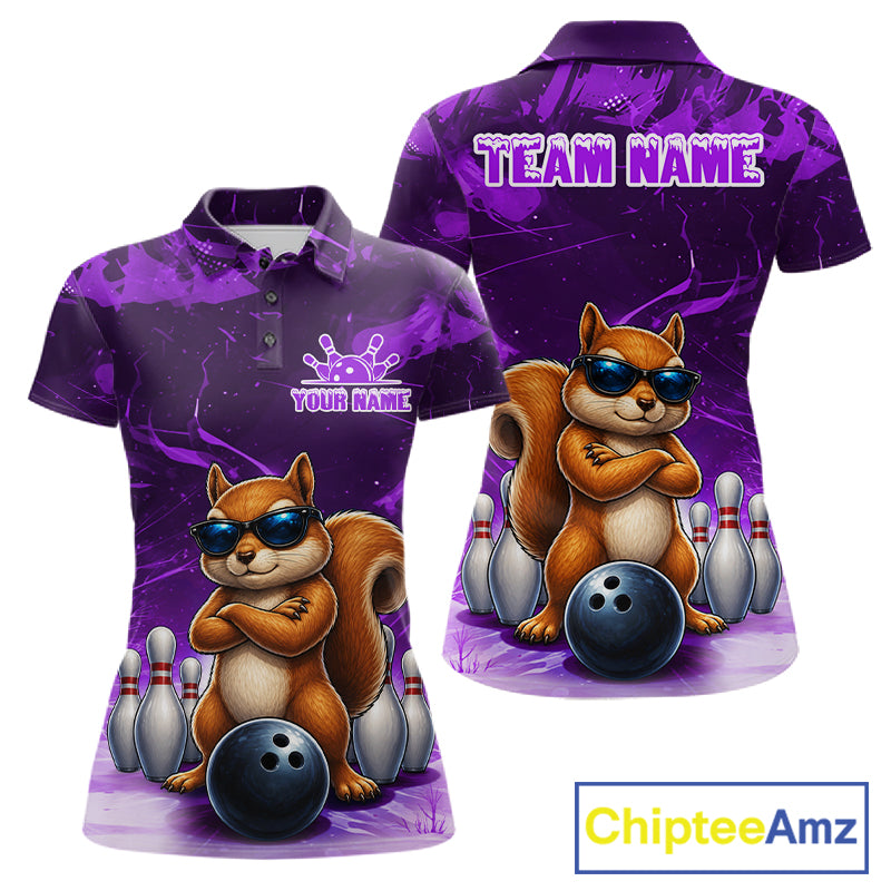 Personalized Purple Funny Squirrel Bowling Shirt For Women Custom Bowling Team Jersey Polo & 1/4 Zip TDM7951