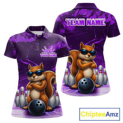 Personalized Purple Funny Squirrel Bowling Shirt For Women Custom Bowling Team Jersey Polo & 1/4 Zip TDM7951