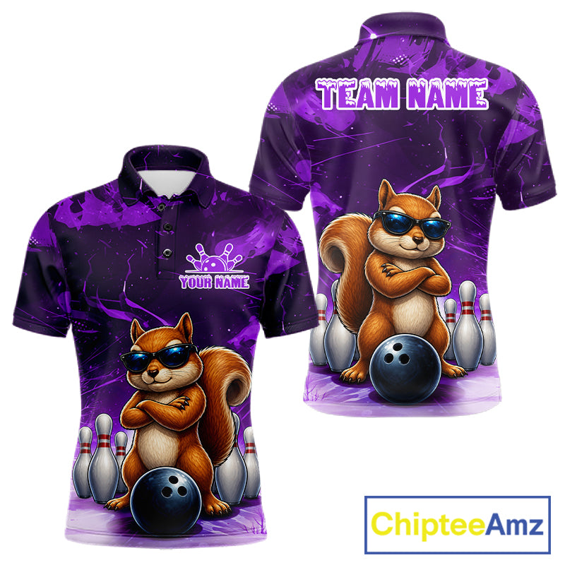 Personalized Purple Funny Squirrel Bowling Shirt For Men Custom Bowling Team Jersey Polo & 1/4 Zip TDM7951