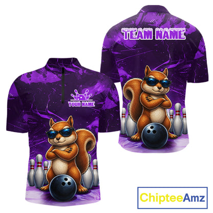 Personalized Purple Funny Squirrel Bowling Shirt For Men Custom Bowling Team Jersey Polo & 1/4 Zip TDM7951