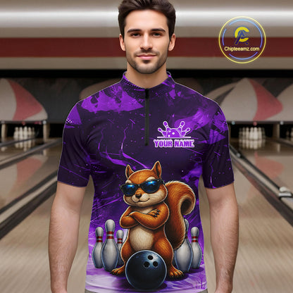 Personalized Purple Funny Squirrel Bowling Shirt For Men Custom Bowling Team Jersey Polo & 1/4 Zip TDM7951