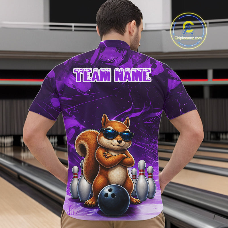 Personalized Purple Funny Squirrel Bowling Shirt For Men Custom Bowling Team Jersey Polo & 1/4 Zip TDM7951