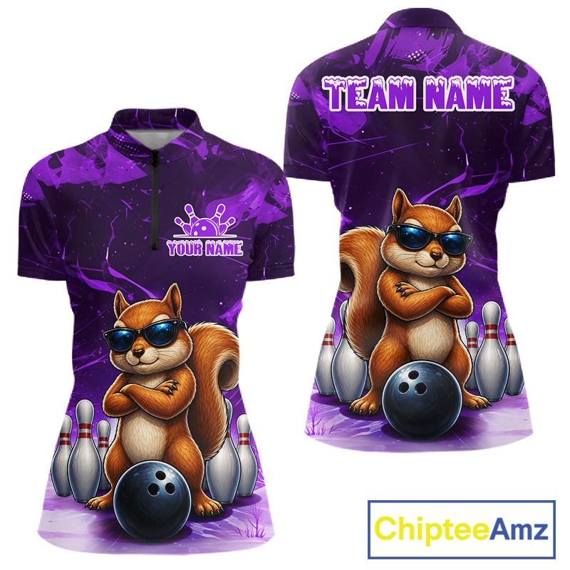 Personalized Purple Funny Squirrel Bowling Shirt For Women Custom Bowling Team Jersey Polo & 1/4 Zip TDM7951