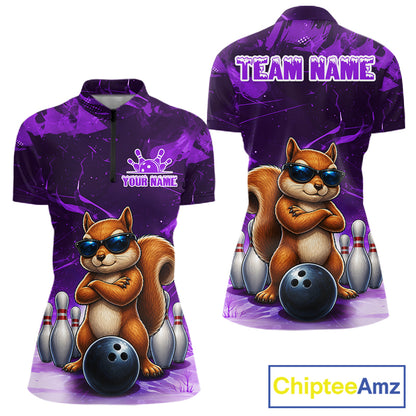 Personalized Purple Funny Squirrel Bowling Shirt For Women Custom Bowling Team Jersey Polo & 1/4 Zip TDM7951