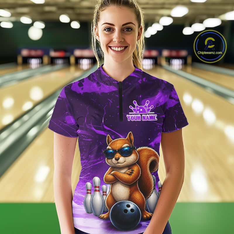 Personalized Purple Funny Squirrel Bowling Shirt For Women Custom Bowling Team Jersey Polo & 1/4 Zip TDM7951